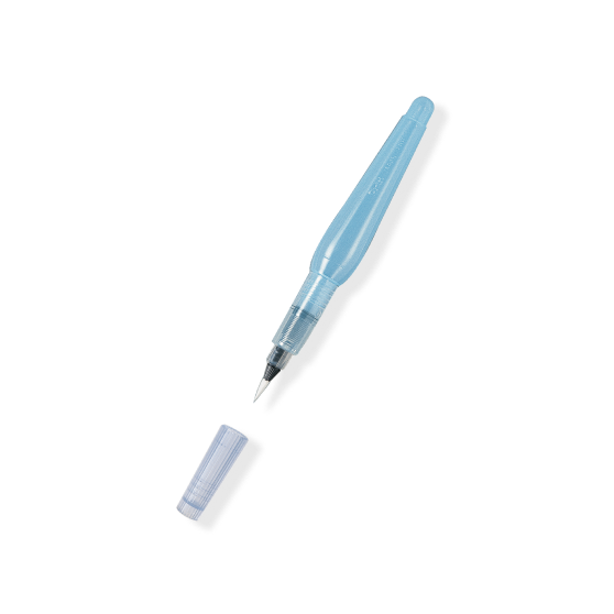 A translucent light blue calligraphy brush pen with its cap removed and placed below it, shown on a clean white background.