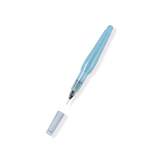 A translucent light blue calligraphy brush pen with its cap removed and placed below it, shown on a clean white background.