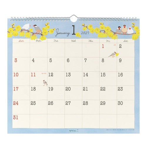 Bird Wall Calendar 2027 / MIDORI - bungu