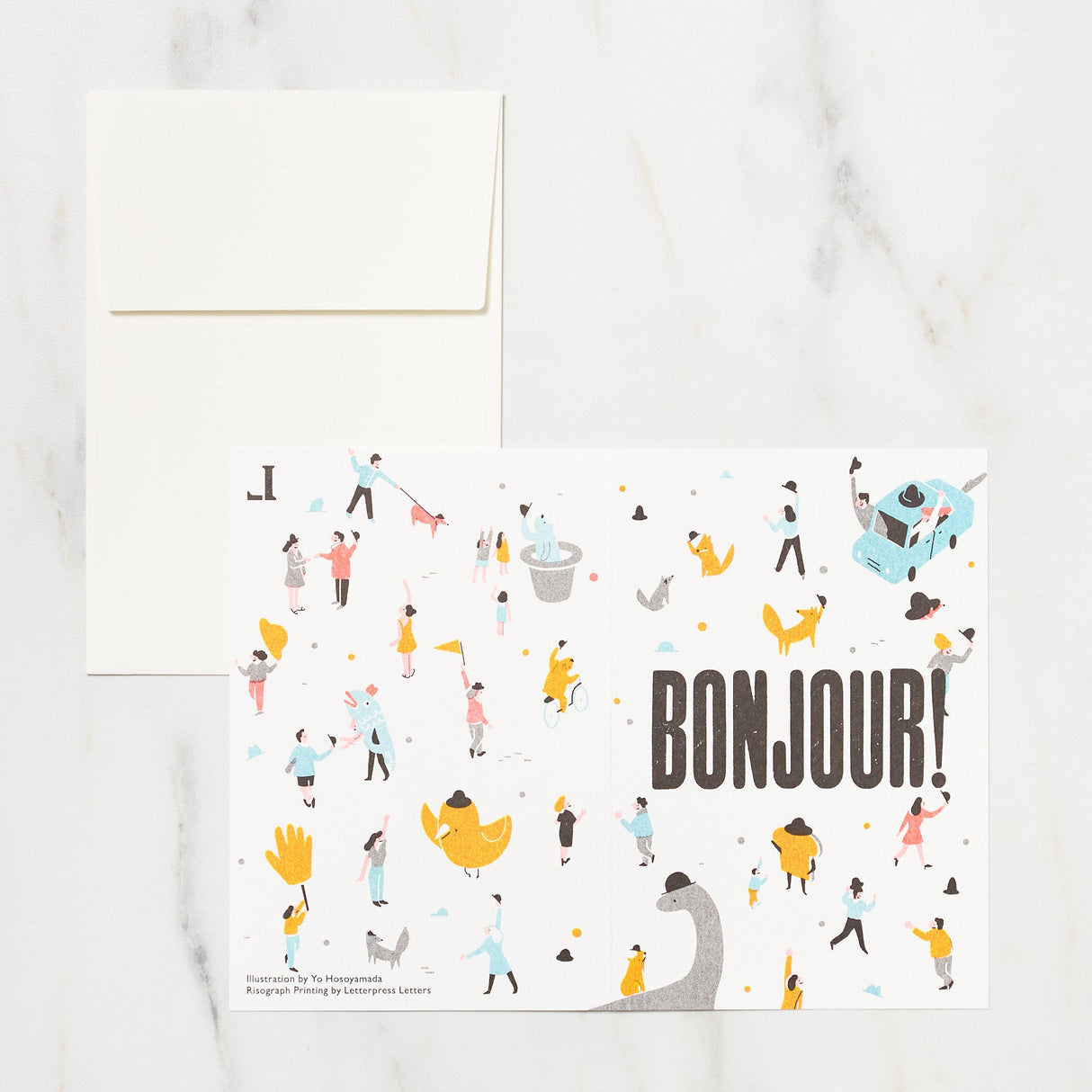 "Bonjour" Yo Hosoyamada Risograph Card / Letterpress Letters - bungu