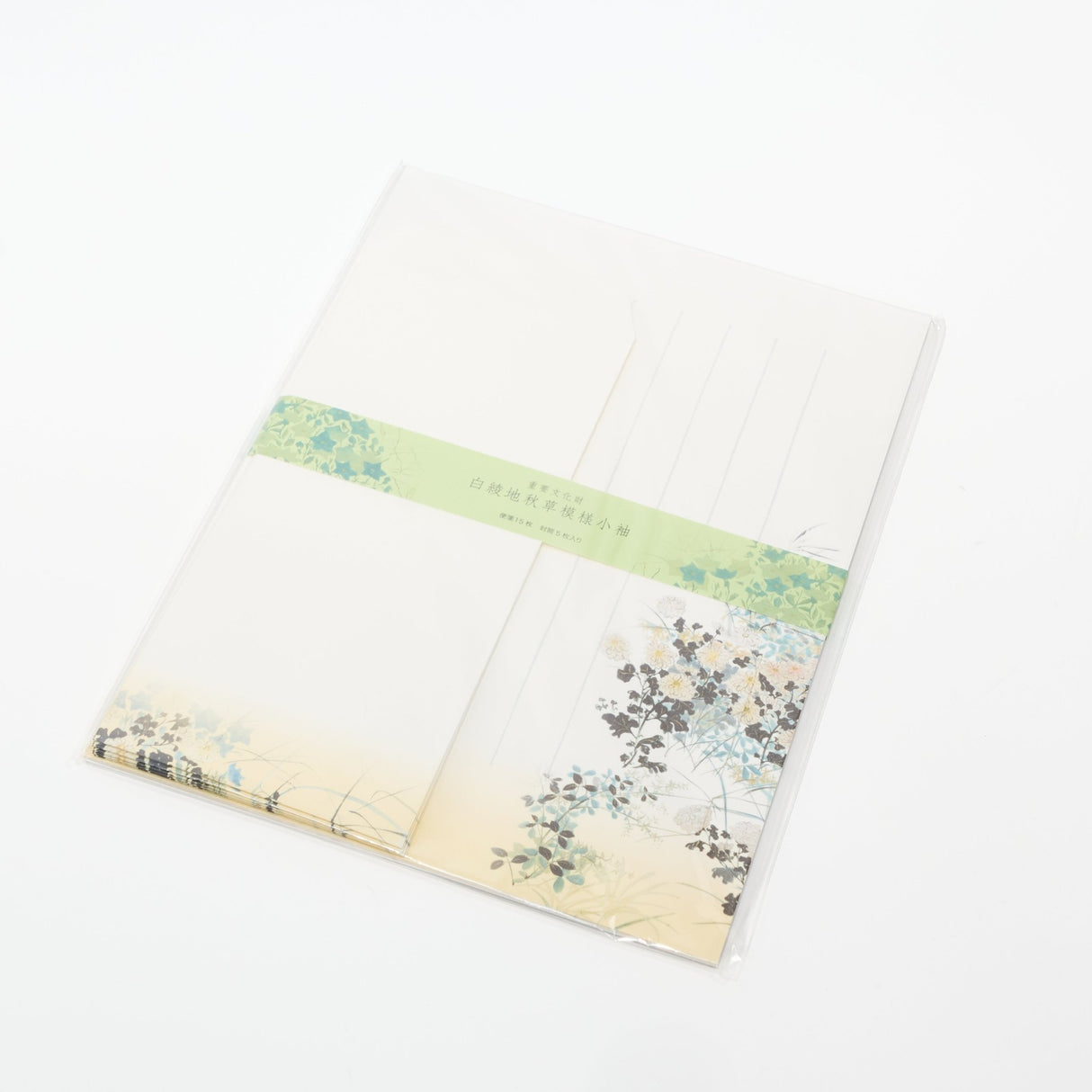 White Figured Satin Kimono with Autumn Grasses Letter Set / Benrido - bungu