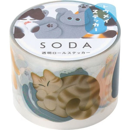 KINGJIM SODA Transparent Masking Tape Cats Rolling Around